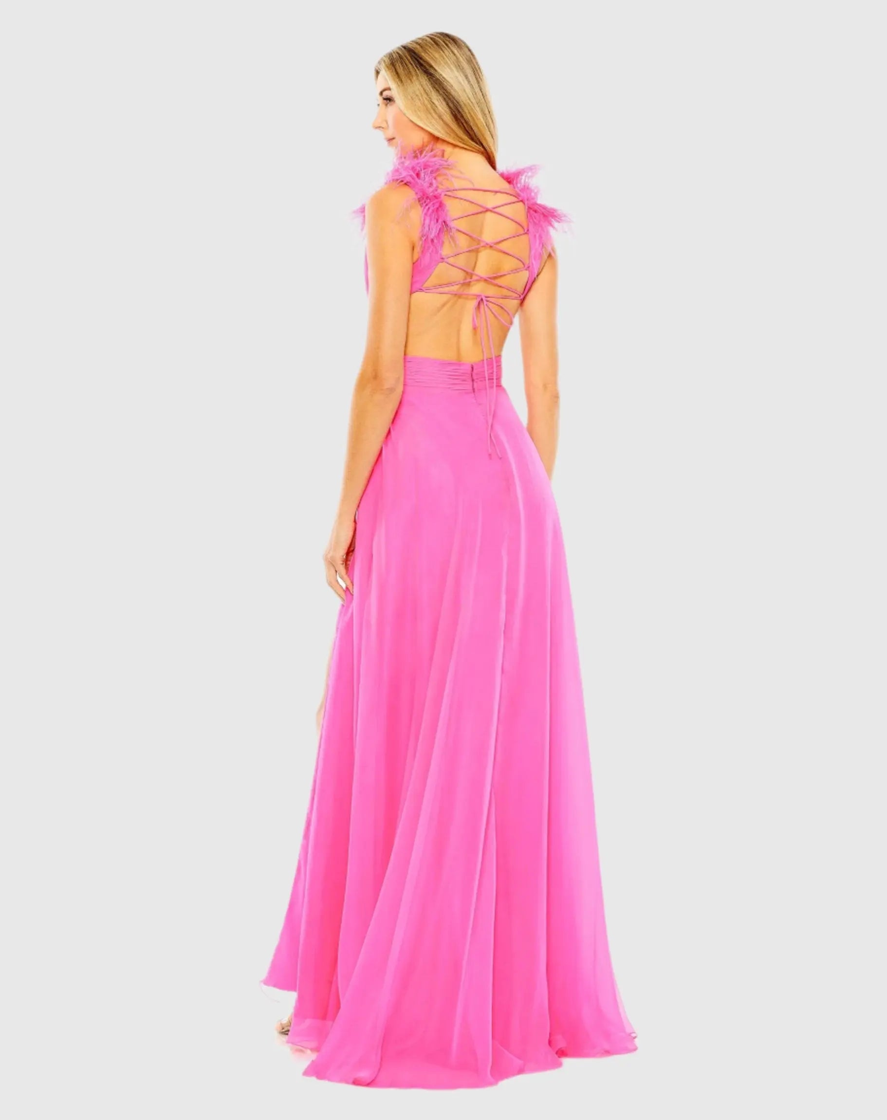 Pink A-Line V Neck Feathered Collar Gown