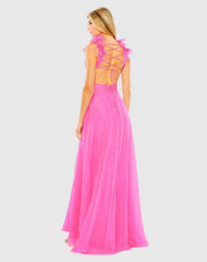 Pink A-Line V Neck Feathered Collar Gown