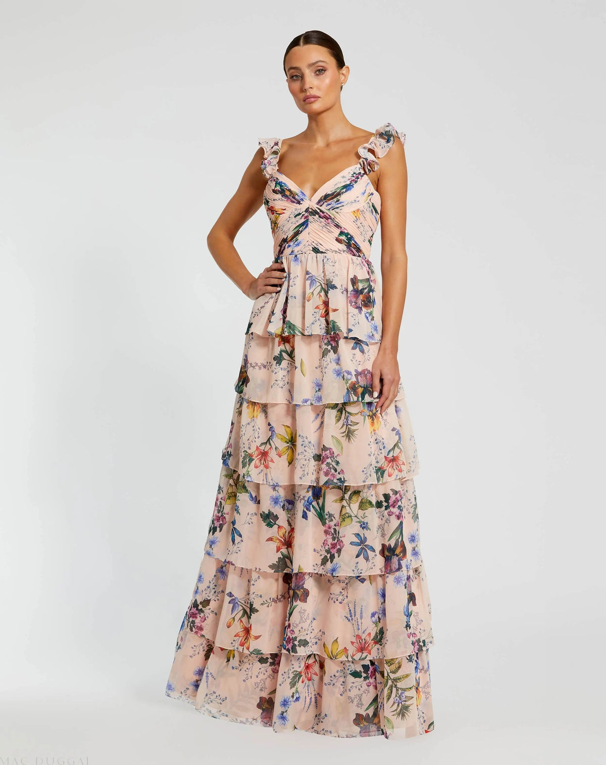 Pink Ruffle Sleeveless Chiffon Tiered Floral Print Gown