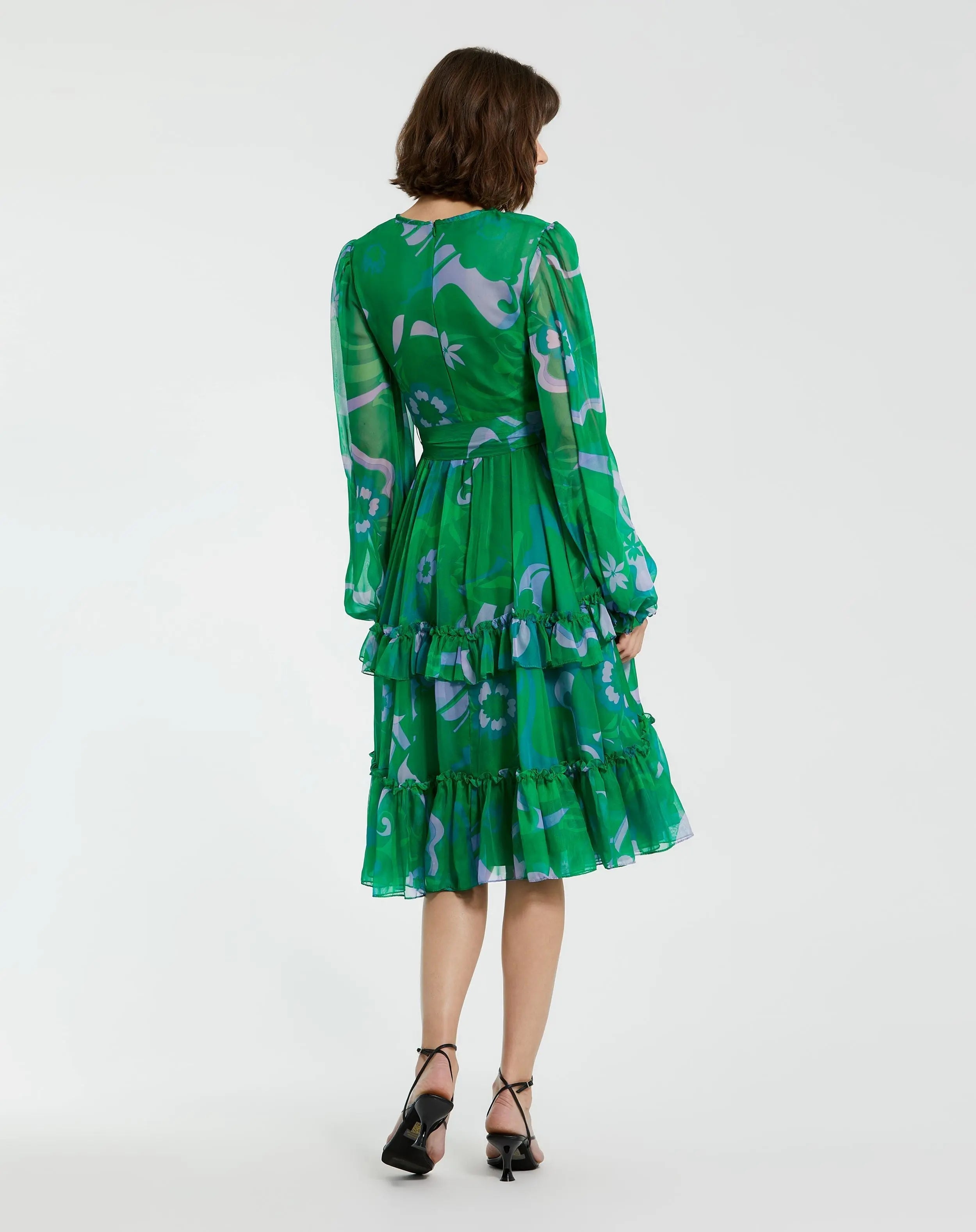 Green Printed Chiffon Bishop Sleeve Tie Waisted Ruffle Midi Dress