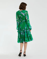 Green Printed Chiffon Bishop Sleeve Tie Waisted Ruffle Midi Dress