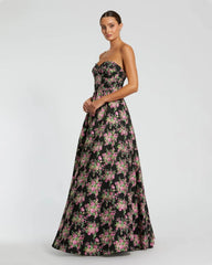 Black Strapless Sweetheart Brocade Floral Ballgown