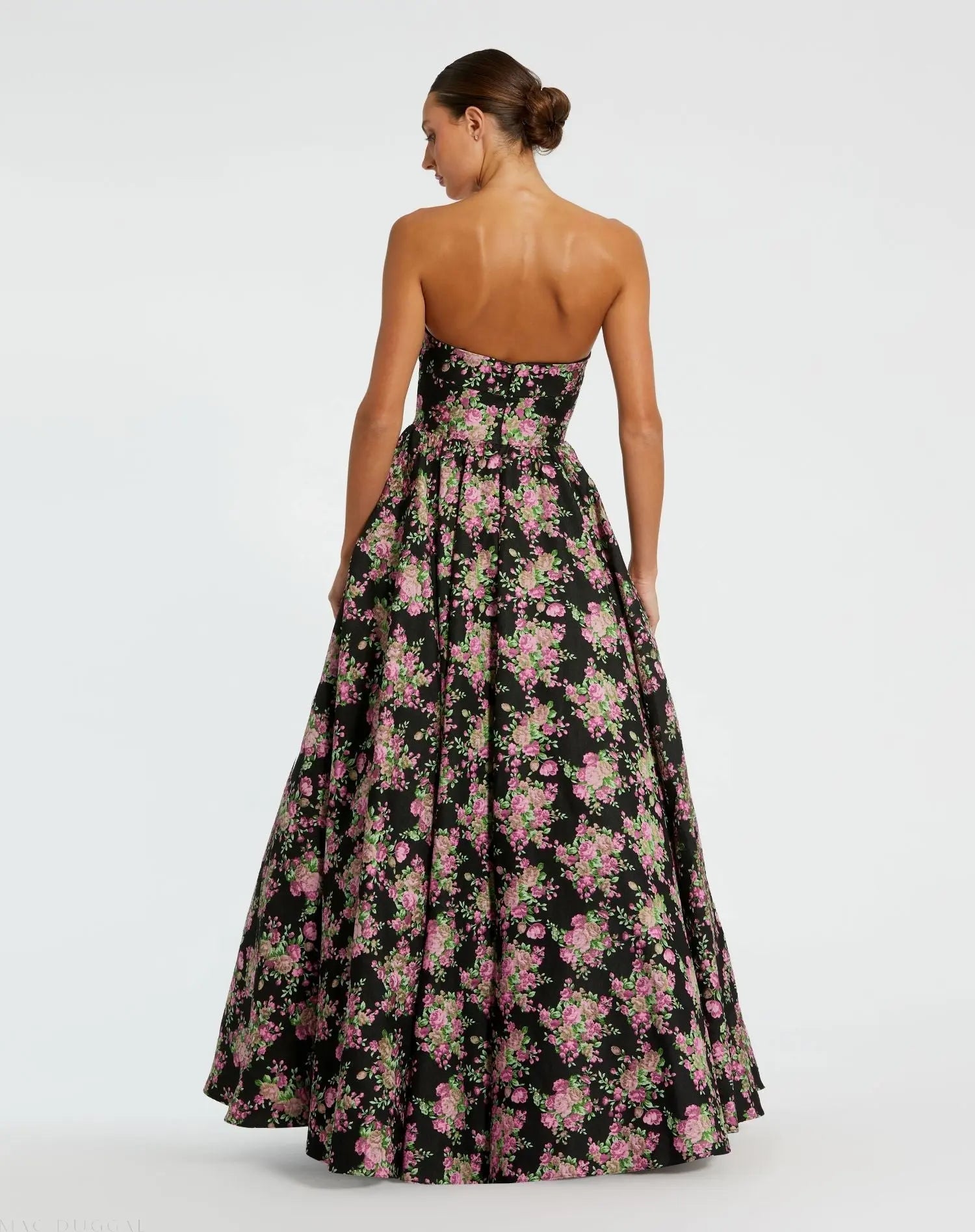 Black Strapless Sweetheart Brocade Floral Ballgown