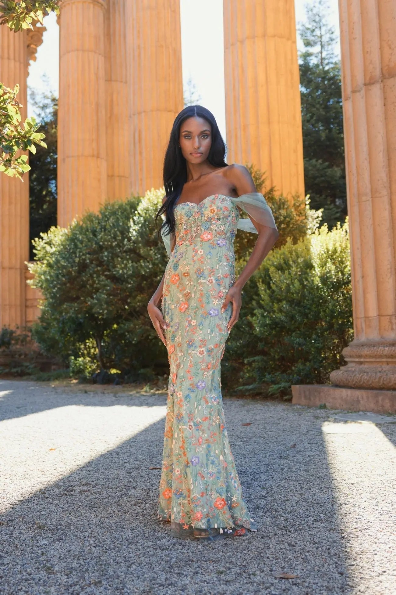 Green Off-the-Shoulder Bustier Floral Column Gown