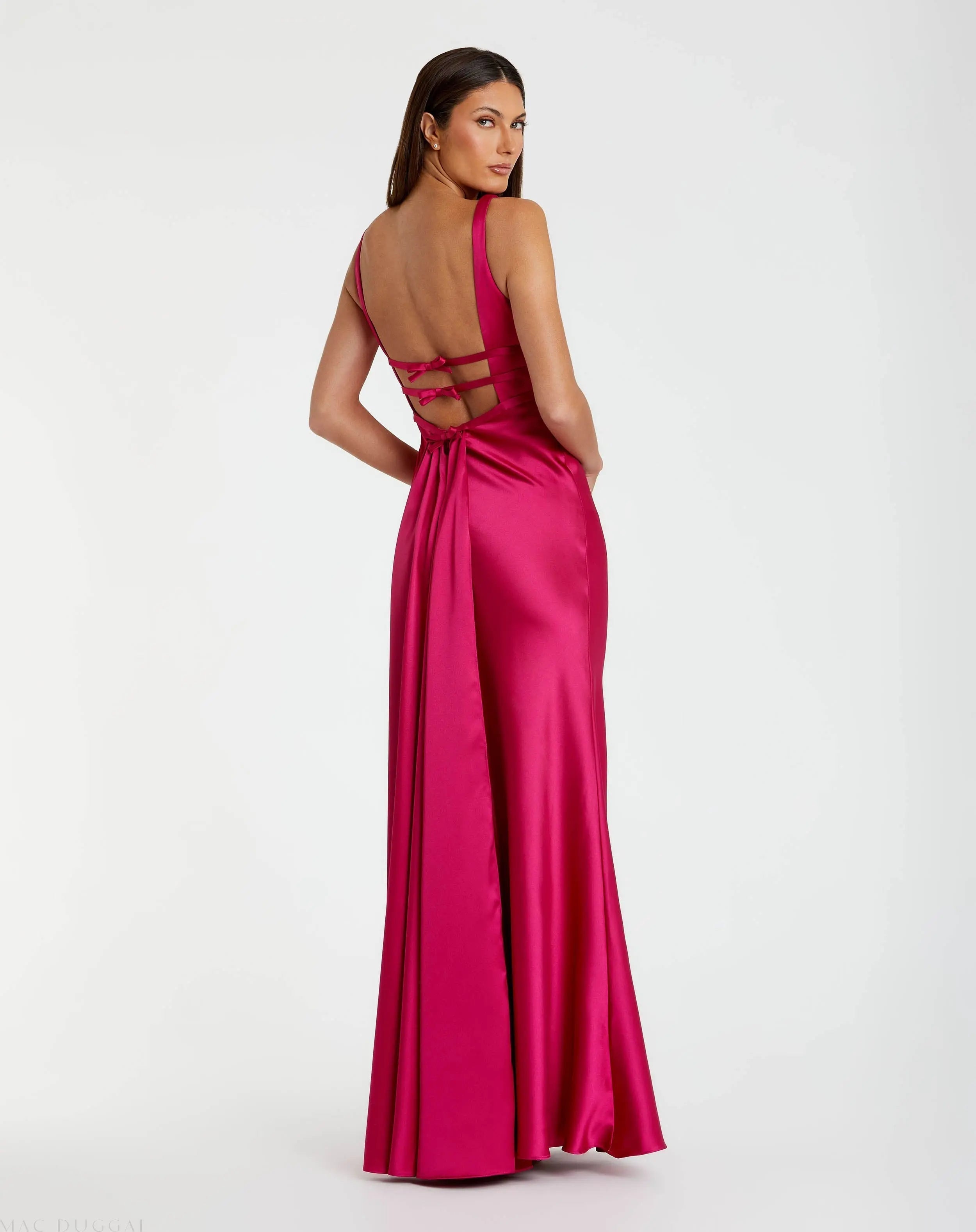 Hot Pink Sleeveless V Neck Satin Gown With Bow Details