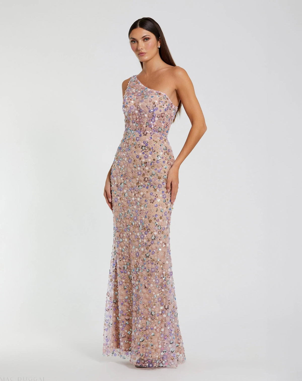 Pink Floral Embellished One Shoulder Column Gown