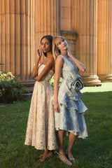 Pink and White Strapless Floral Brocade A Line Midi Dress