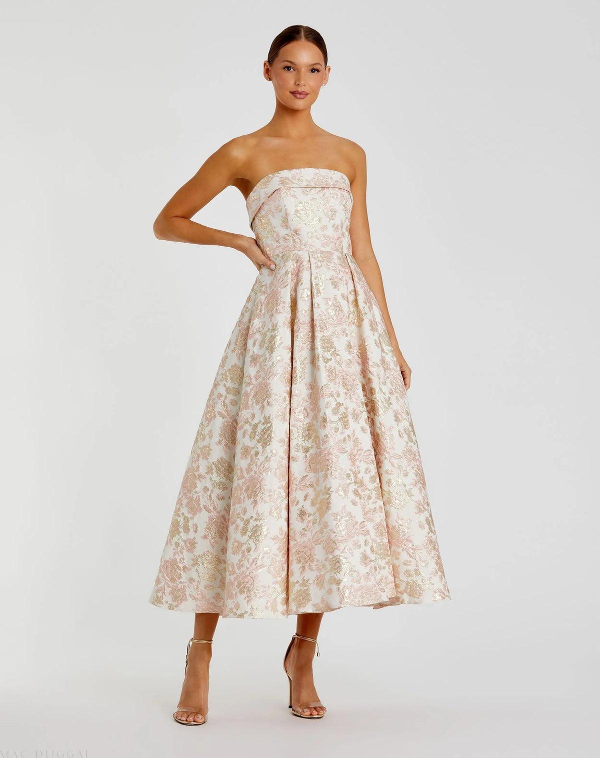 Pink and White Strapless Floral Brocade A Line Midi Dress