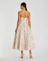 Pink and White Strapless Floral Brocade A Line Midi Dress