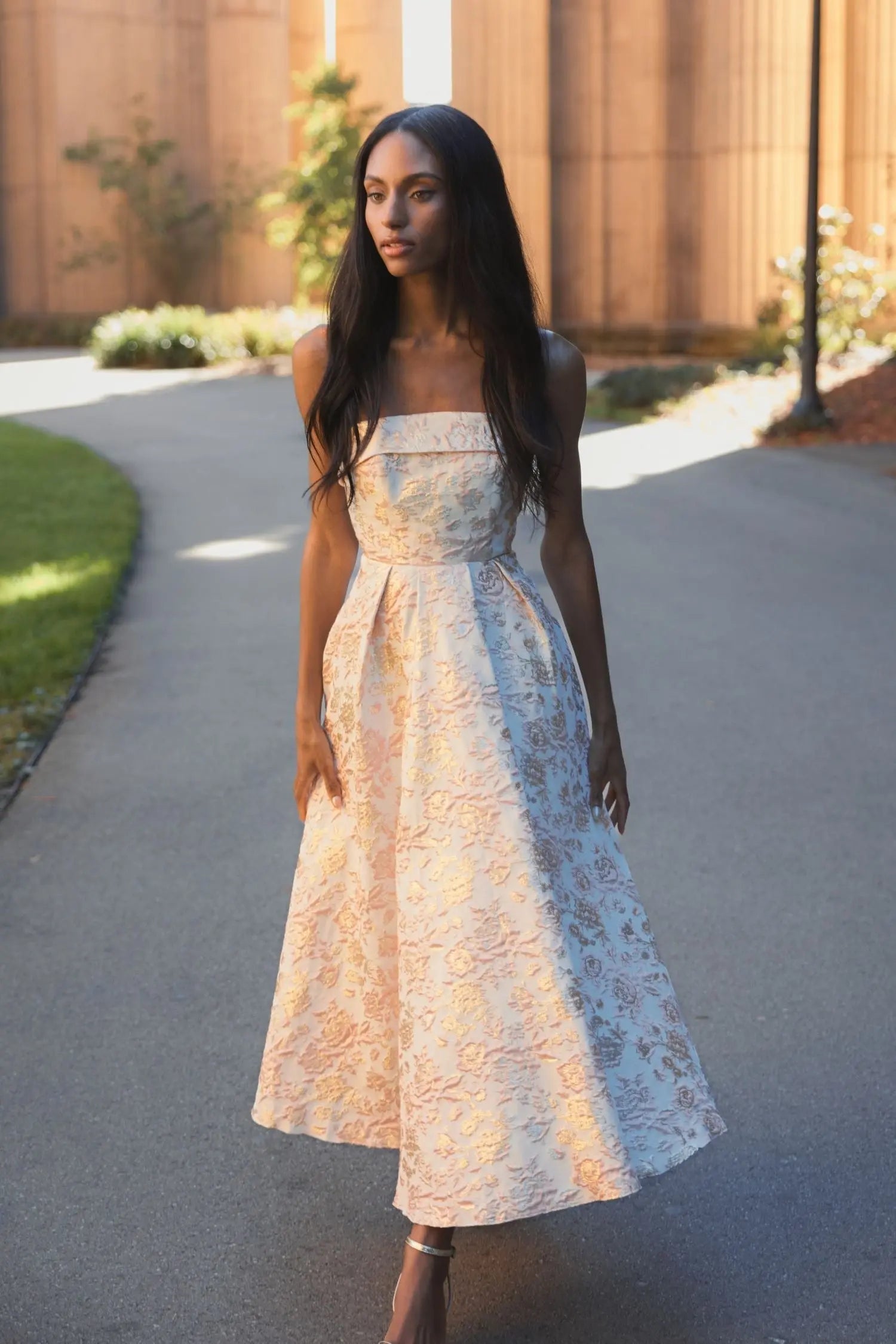 Pink and White Strapless Floral Brocade A Line Midi Dress