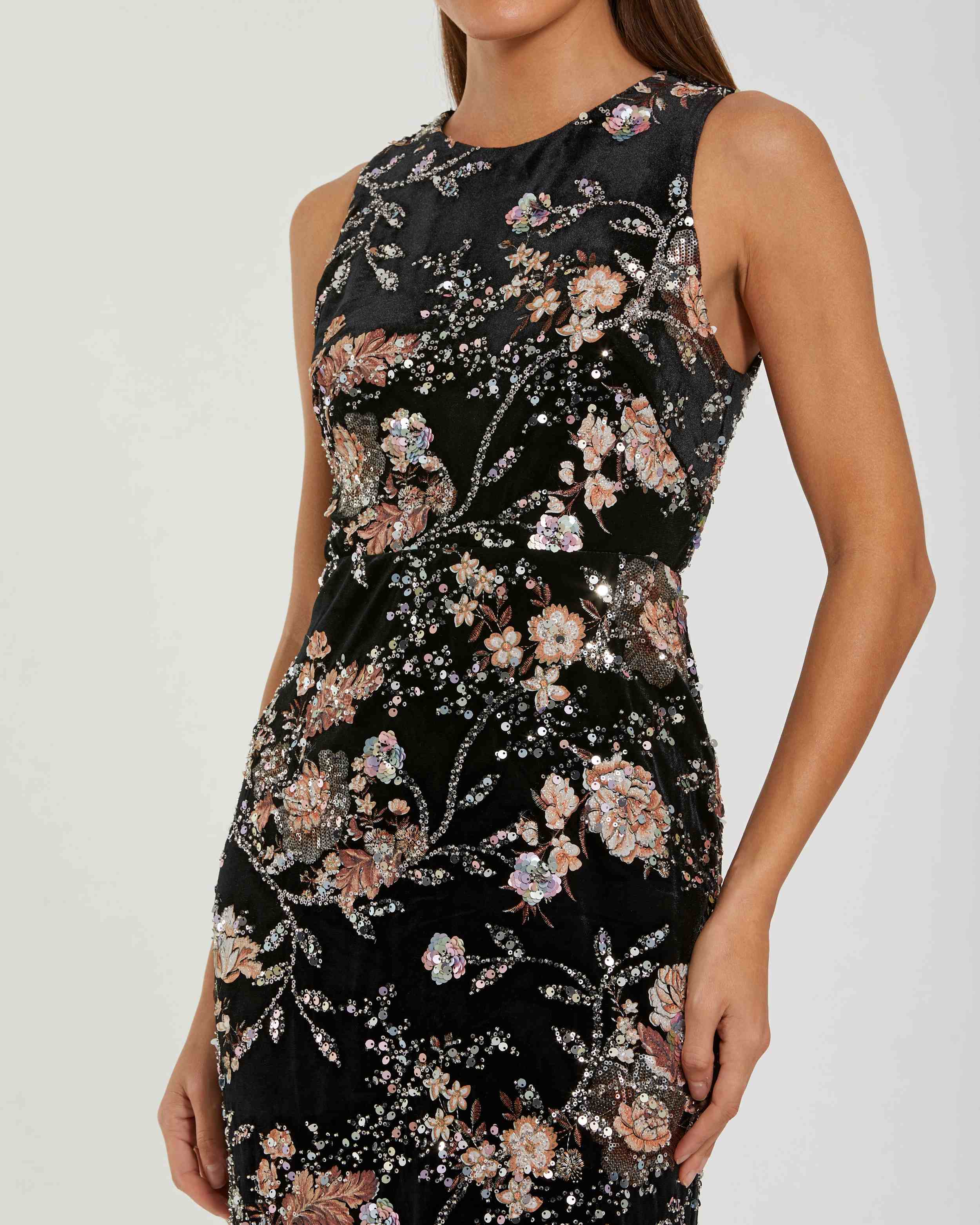 Black Velvet High Neck Sequined Midi Dress with Multicolor Embroidery