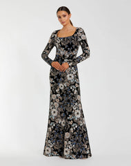 Black Floral Embroidered Velvet Evening Gown