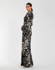 Black Floral Embroidered Velvet Evening Gown