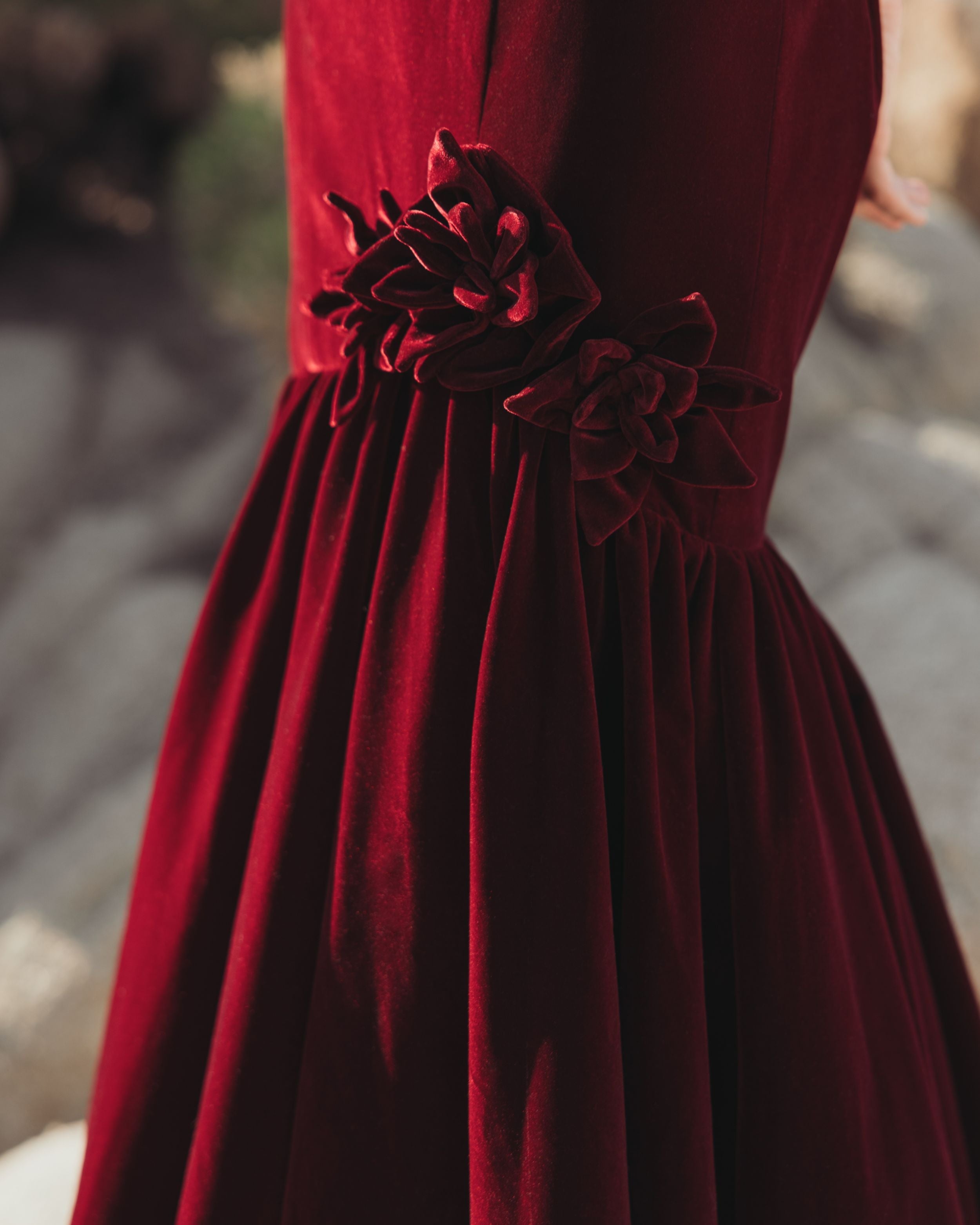 Dark Red Velvet One Shoulder Trumpet Gown With Flowers