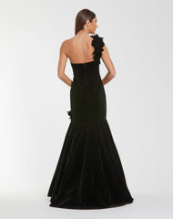 Black Velvet One Shoulder Trumpet Gown With Flowers