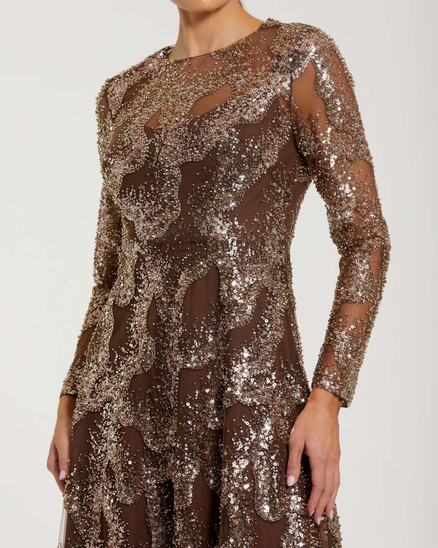 Brown Embellished Long Sleeve High Neck Evening Gown