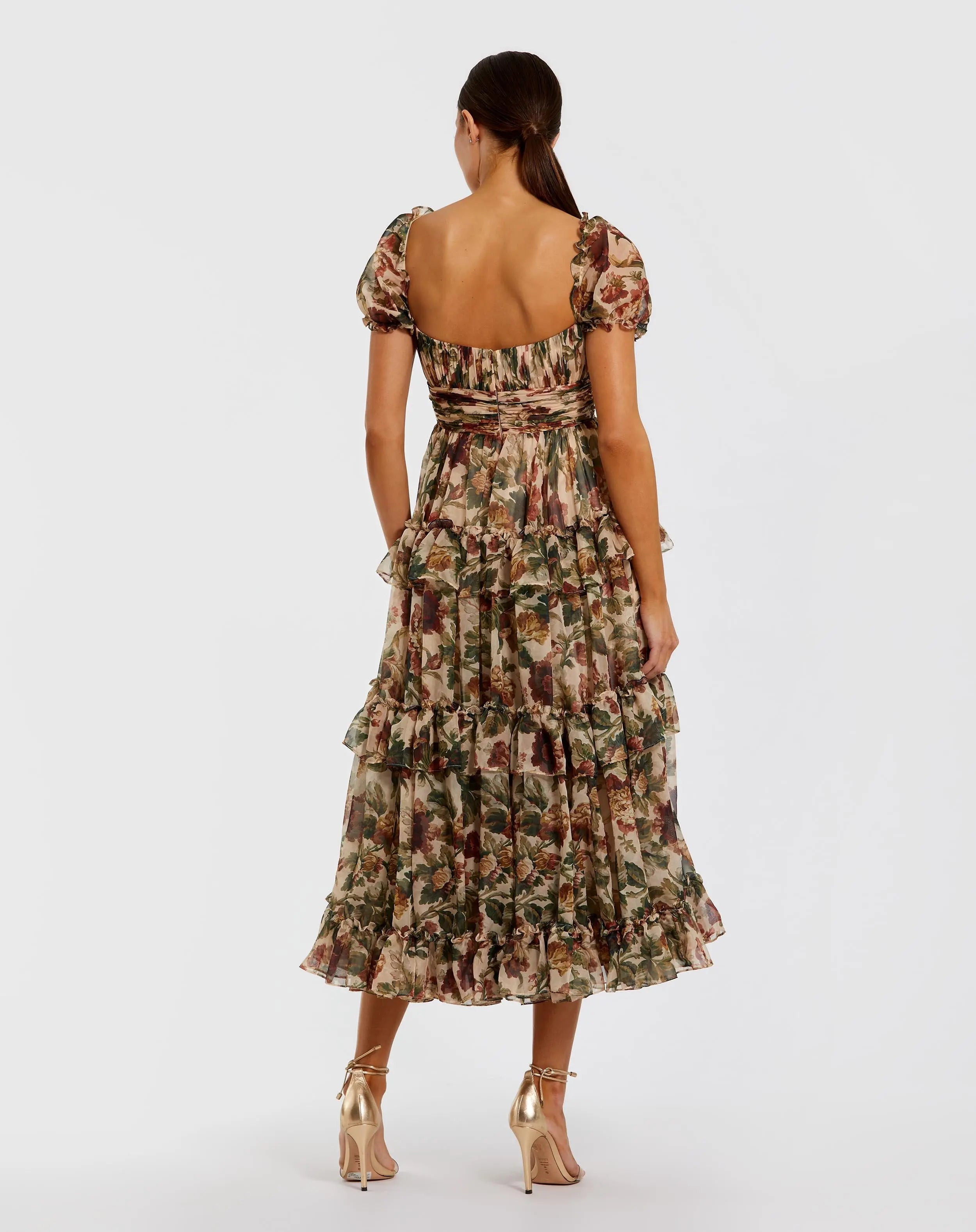 Beige Chiffon Ruffle A Line Midi Dress with Puff Sleeves