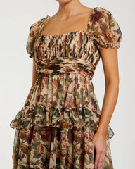 Beige Chiffon Ruffle A Line Midi Dress with Puff Sleeves