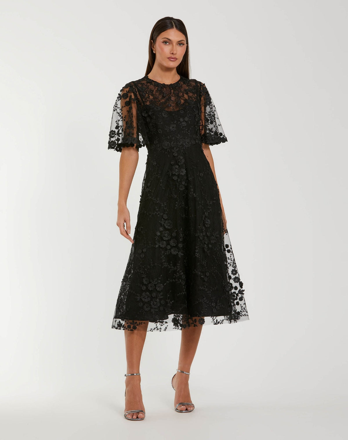 Black Flutter Sleeve Embroidered Midi Dress