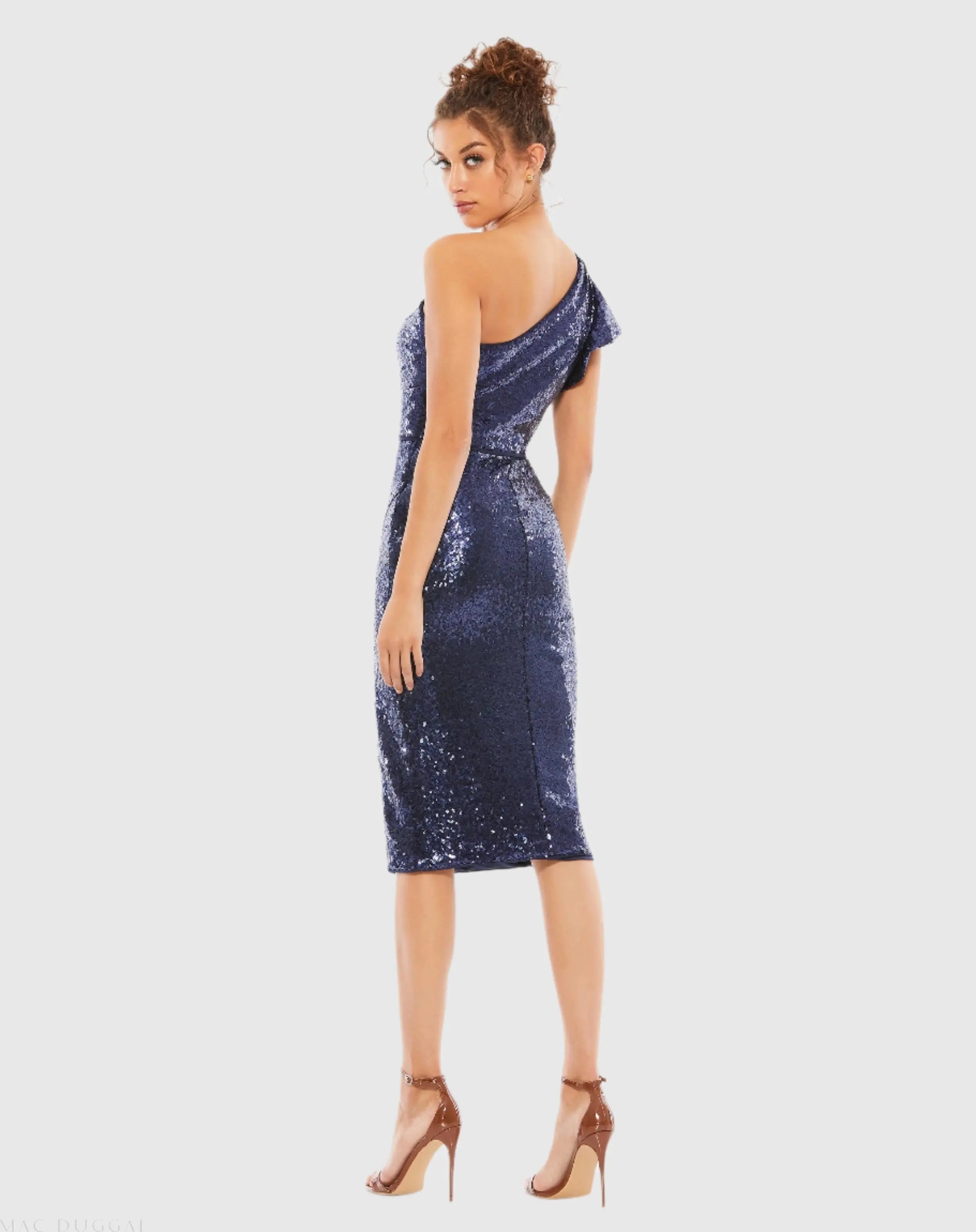 Navy Sequined Flutter One Shoulder Fitted Midi Dress
