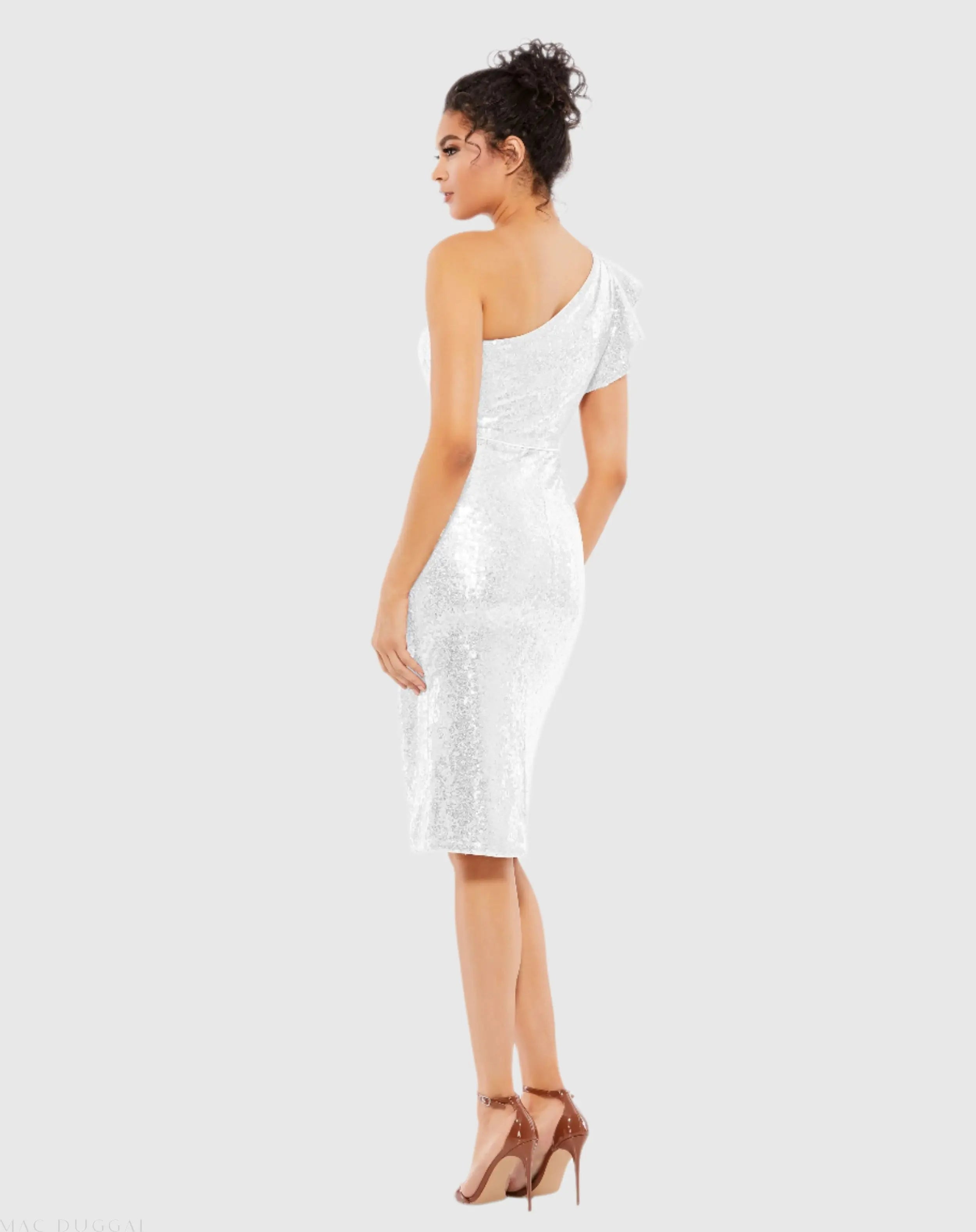 White Sequined Flutter One Shoulder Fitted Midi Dress