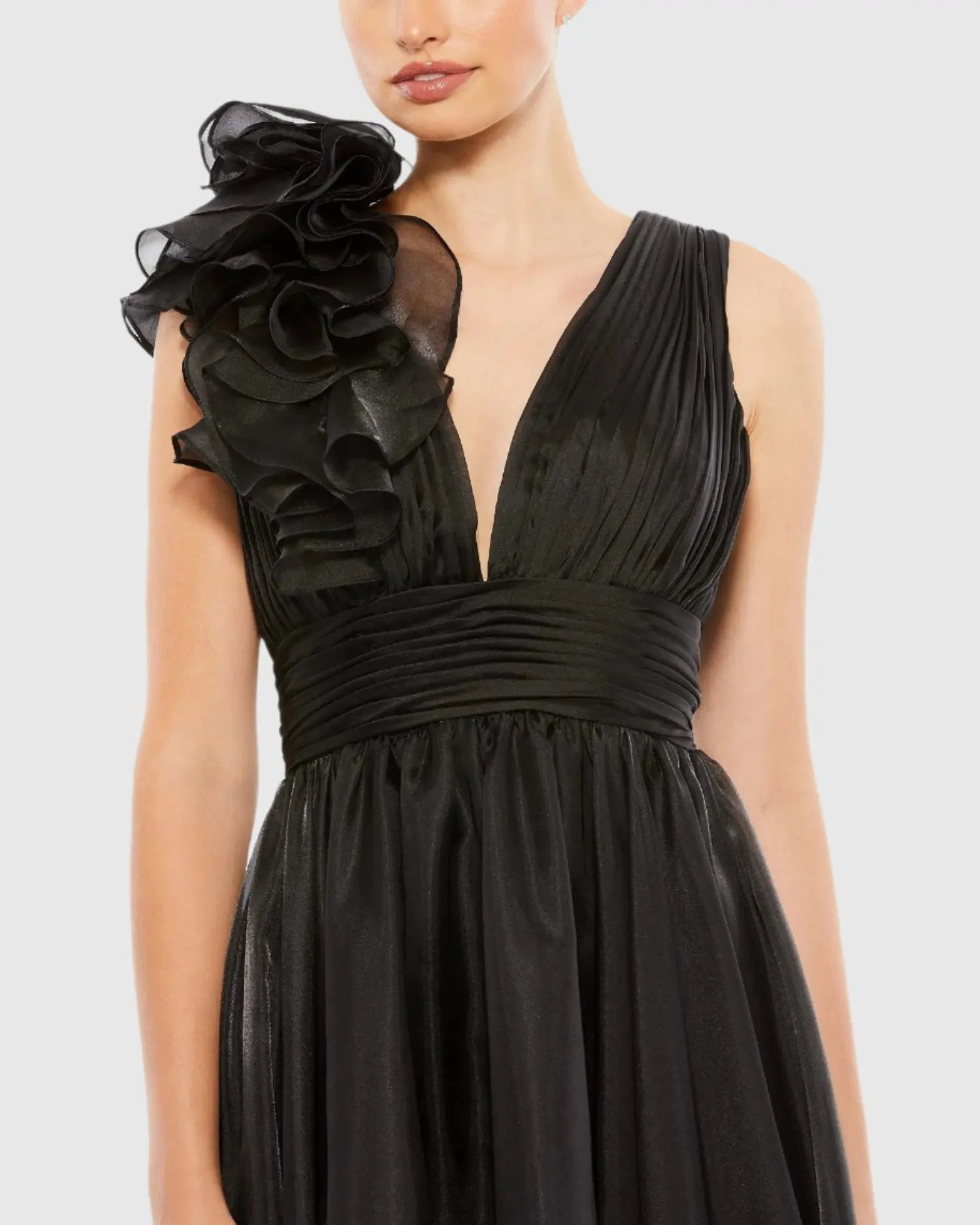 Black Plunging V Neck Ruffled A-Line Cocktail Dress