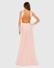 Pink Tulle Sheer Long Sleeve Cut Out Lace Up A Line Gown