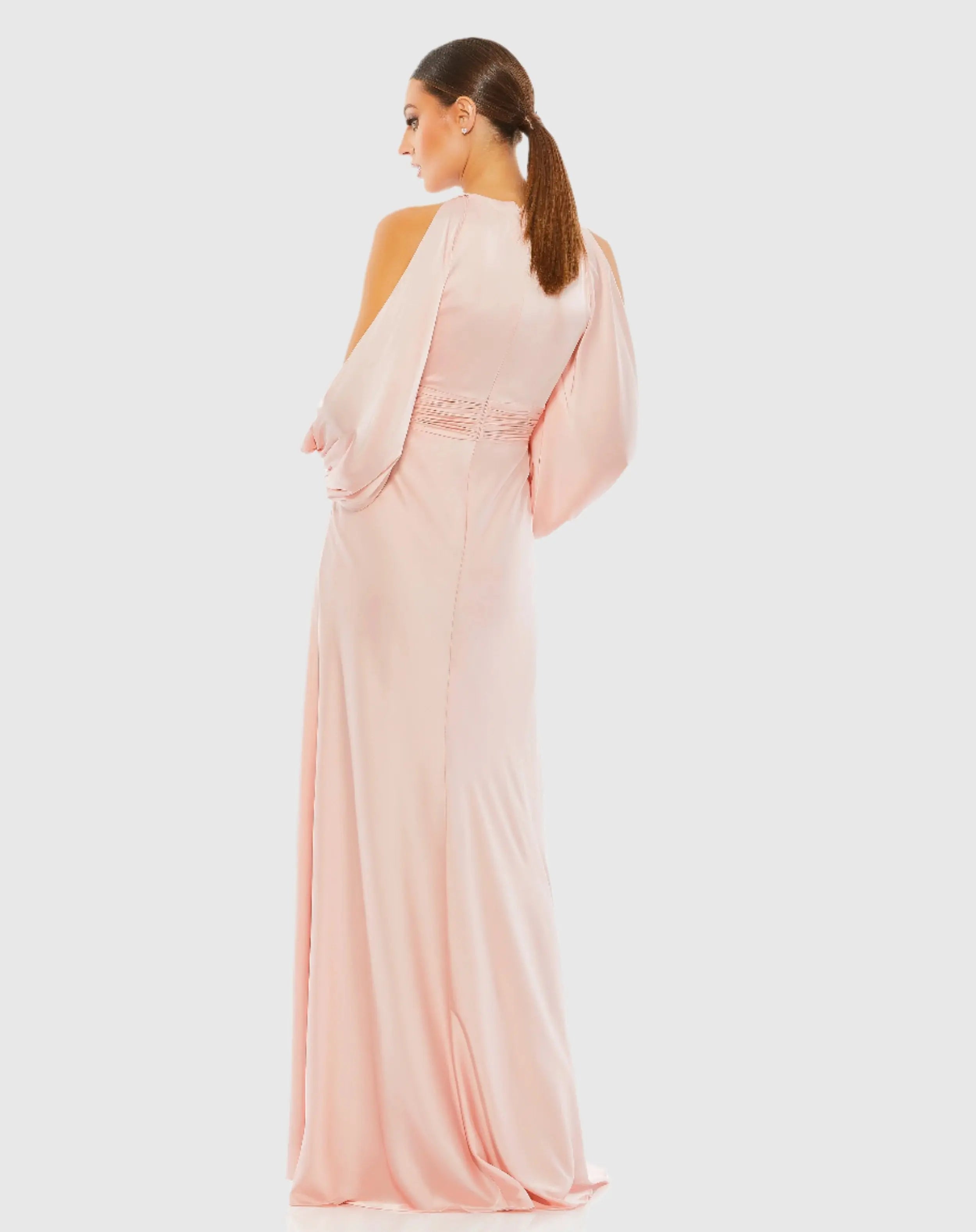 Pink Tied Keyhole Cold Shoulder Bishop Sleeve Gown