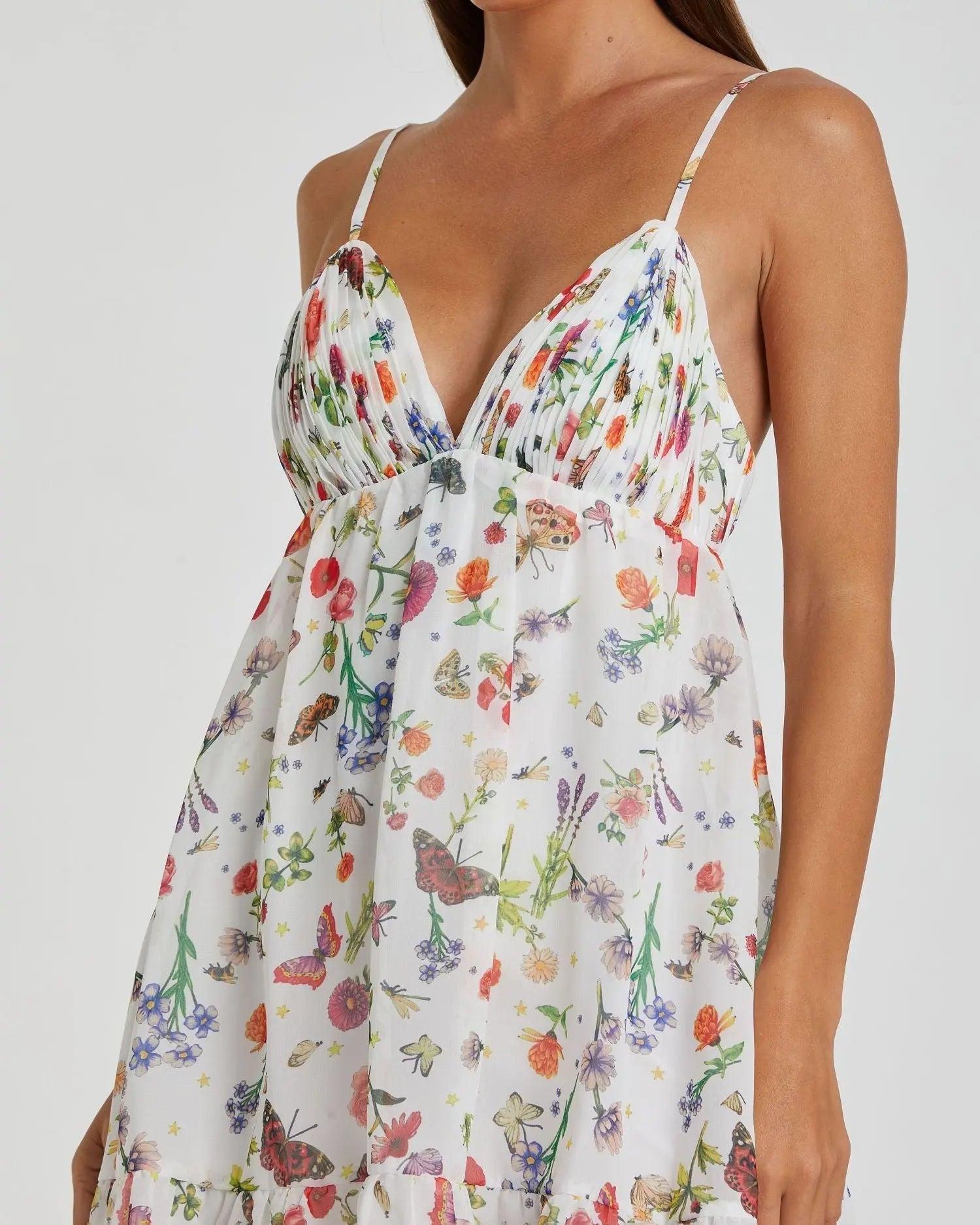 White Butterfly Print Ruffle Hem Mini Dress