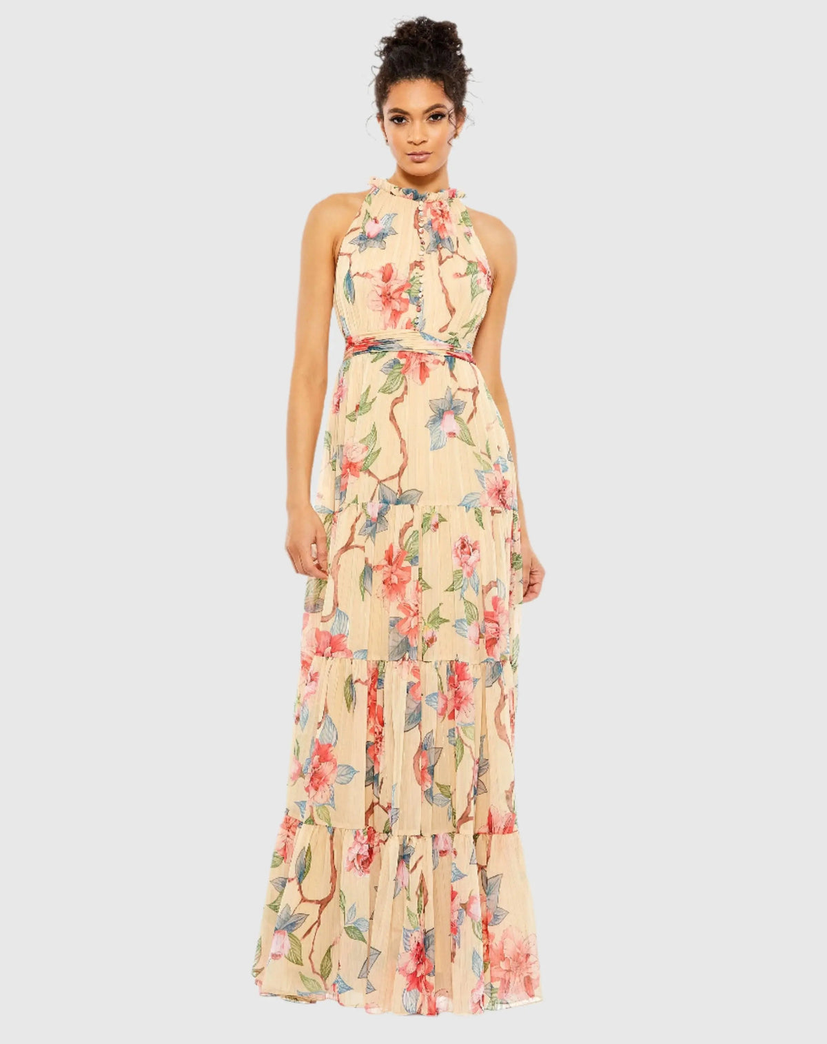 Beige Floral Button High Neck Maxi Dress