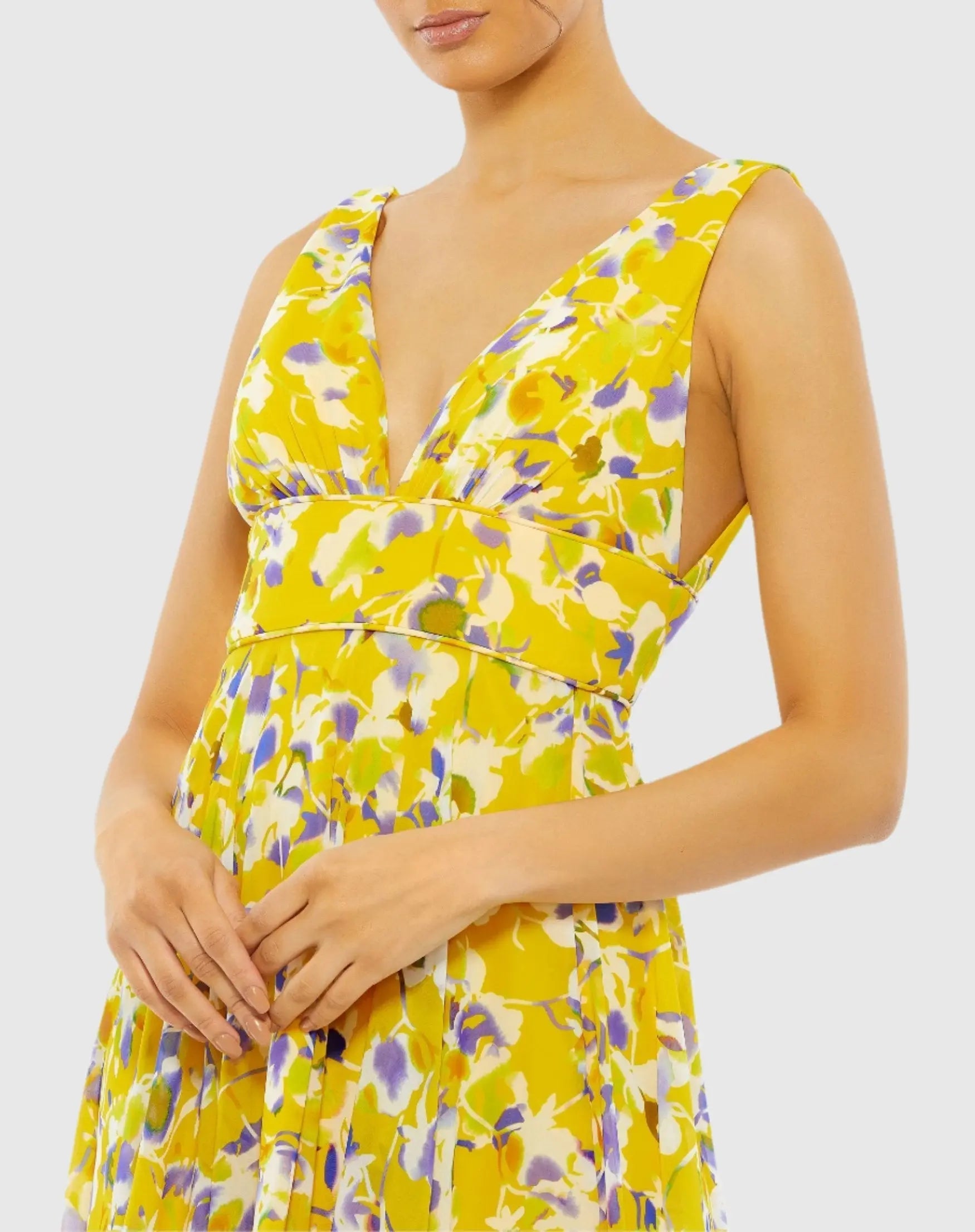 Yellow Floral Plunge V-Neck Gown