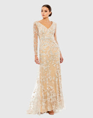 Beige Embroidered V Neck Long Sleeve Trumpet Gown