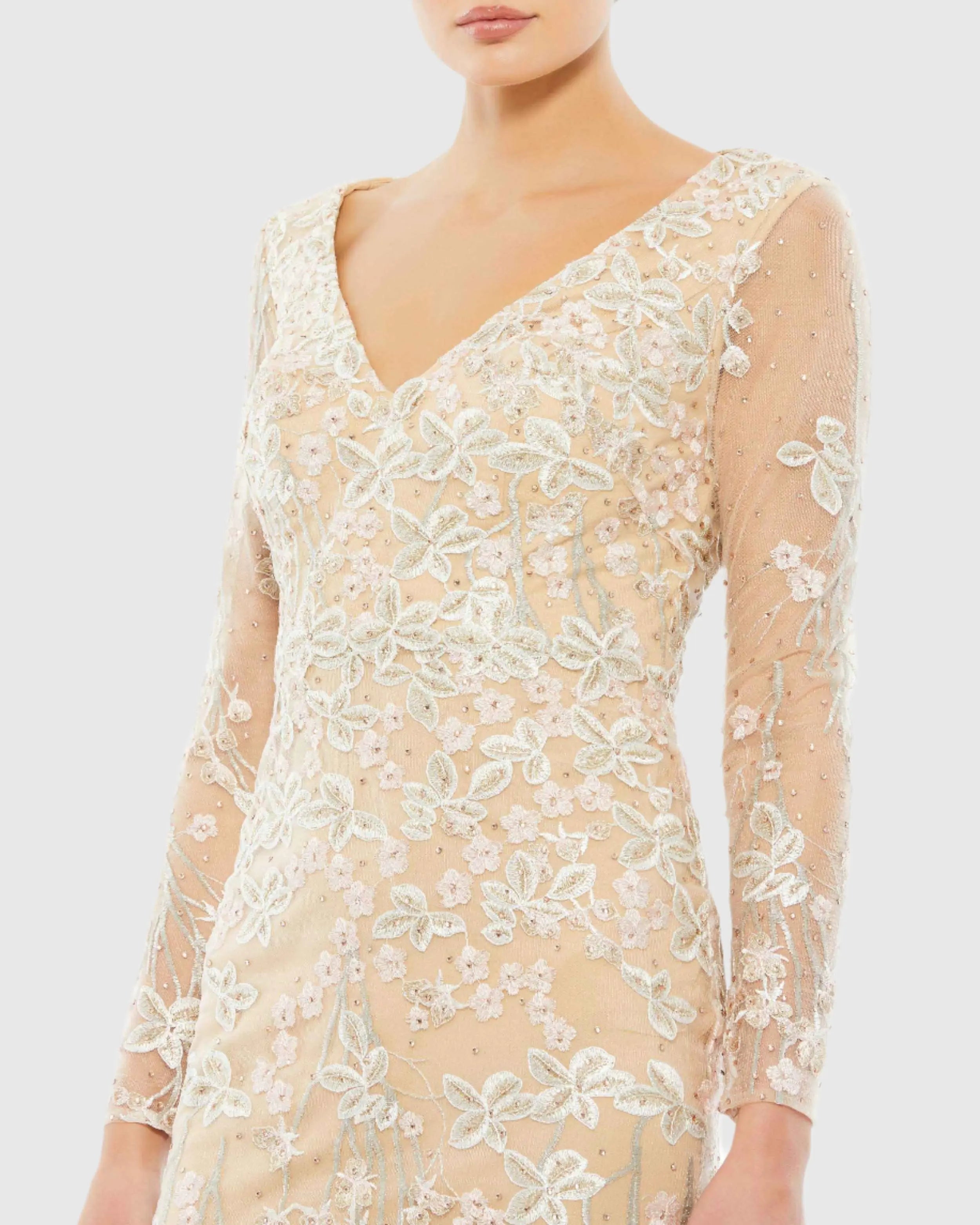 Beige Embroidered V Neck Long Sleeve Trumpet Gown