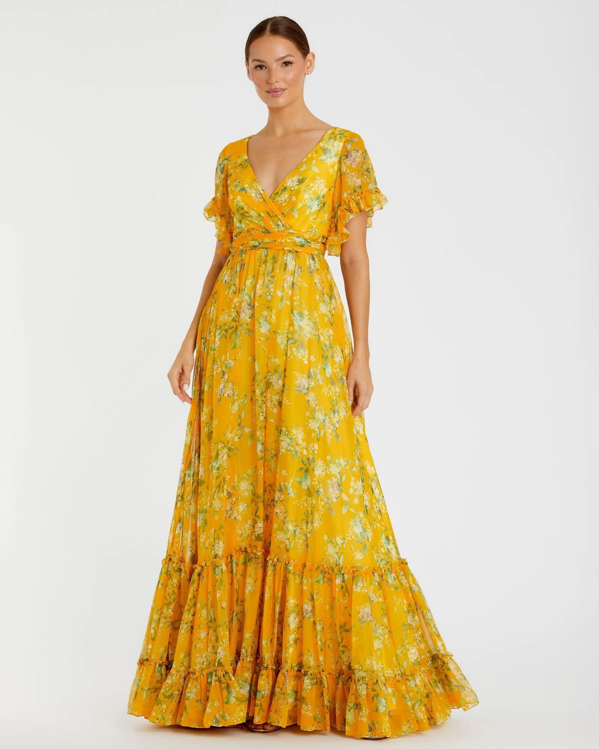 Yellow Multicolor Flounce Sleeve Floral Maxi Dress