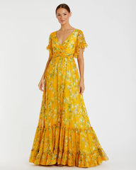 Yellow Multicolor Flounce Sleeve Floral Maxi Dress