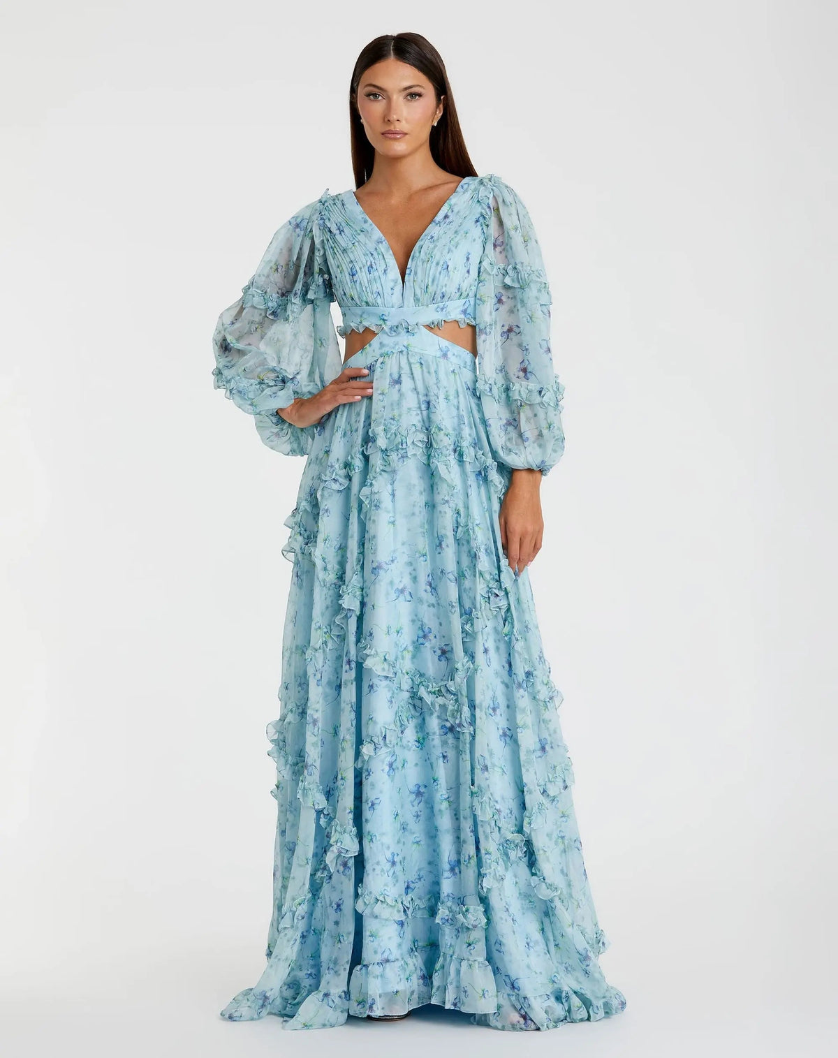 Blue Ruffle Tiered Floral Cutout Long Sleeve Gown