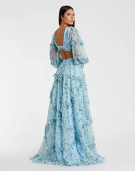 Blue Ruffle Tiered Floral Cutout Long Sleeve Gown