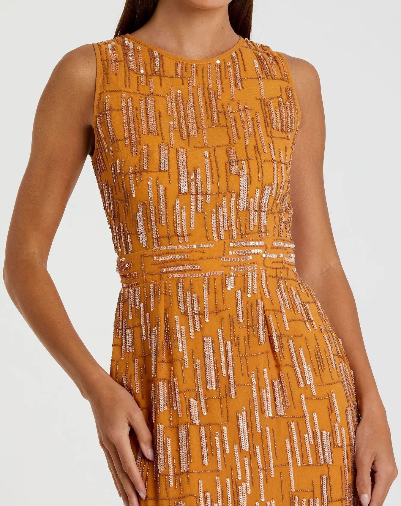 Orange Abstract Beaded Sleeveless Midi Sheath Dress