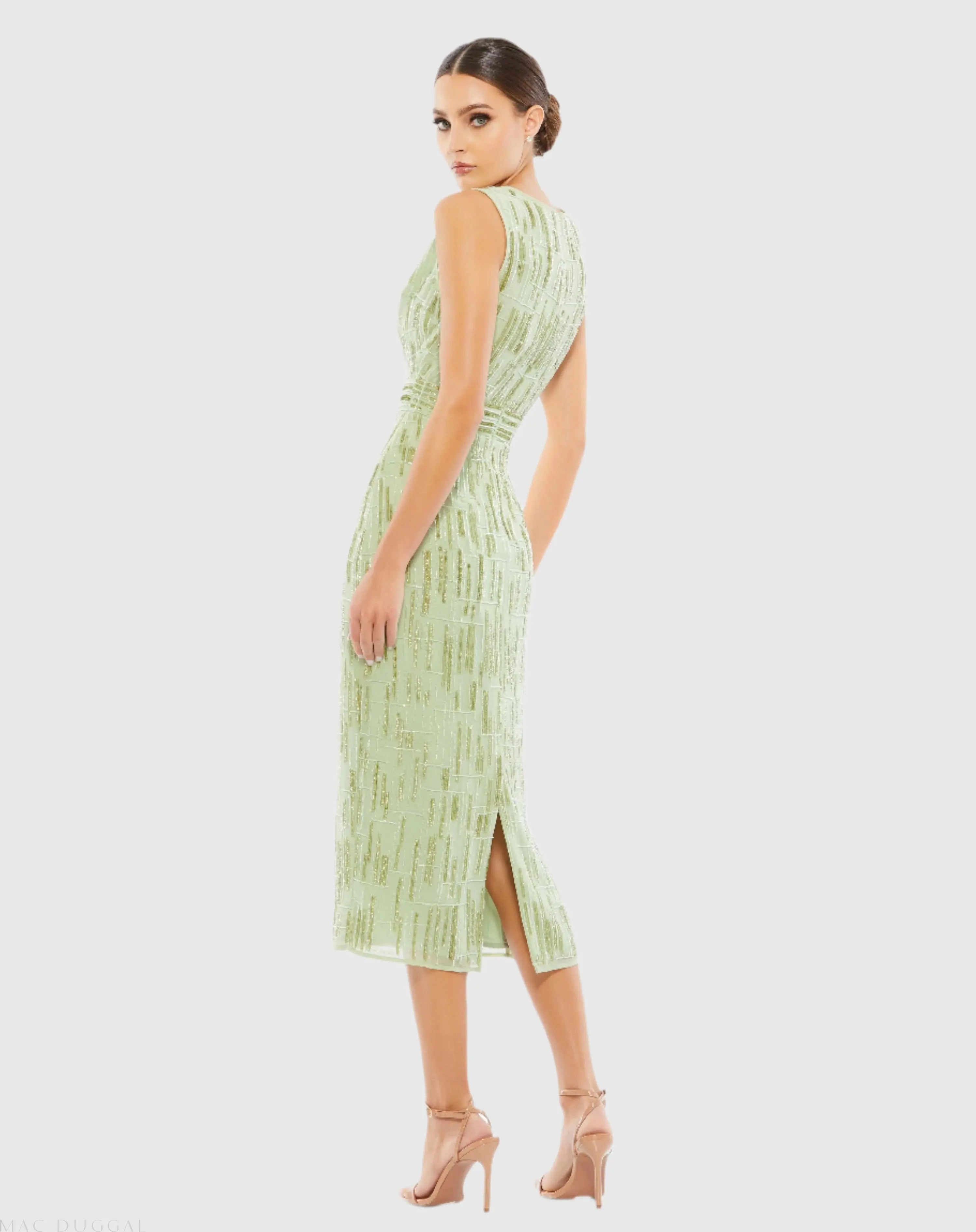 Green Abstract Beaded Sleeveless Midi Sheath Dress