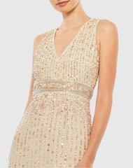 Beige Sequined Sleeveless V-Neck Midi Sheath Dress