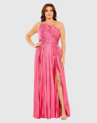 Pink One Shoulder Embellished Pleated Sleeveless Gown