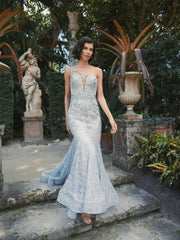 Blue Embroidered Applique Feathered One Shoulder Trumpet Gown