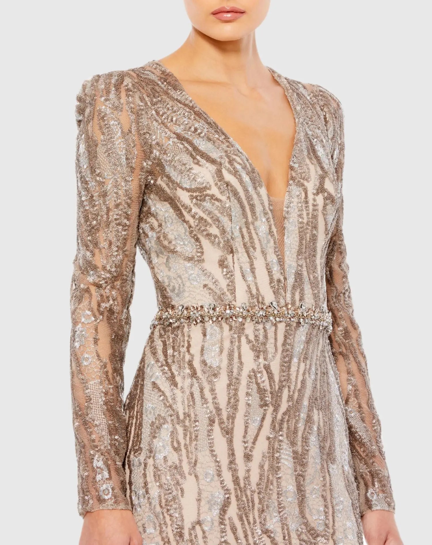 Beige Embellished Long Sleeve Plunge Neck Trumpet Gown