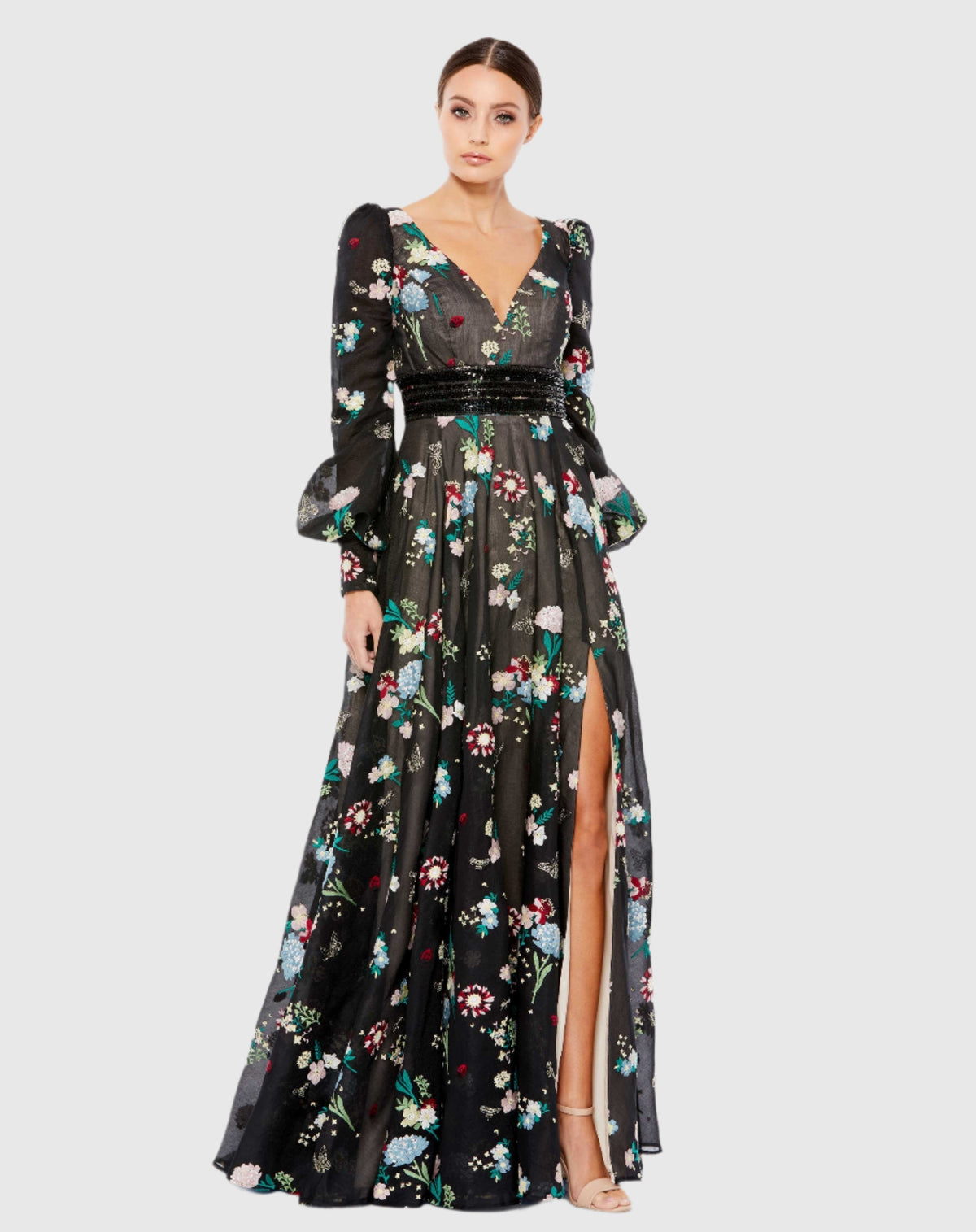 Black Embroidered Bishop Sleeve V Neck Flowy Gown