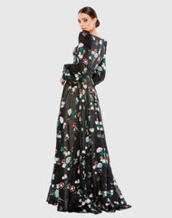 Black Embroidered Bishop Sleeve V Neck Flowy Gown