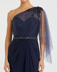 Navy Embellished One Shoulder Draped Gown