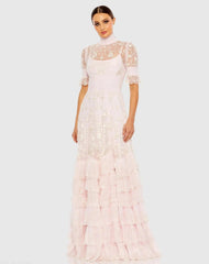 Pink Floral Embroidered Smock Neck Tiered Ruffle Dress