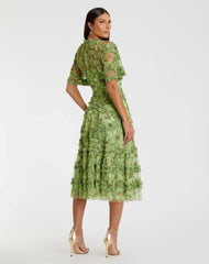 Green Illusion Floral Midi Dress with Ruffle Detailing