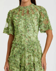 Green Illusion Floral Midi Dress with Ruffle Detailing