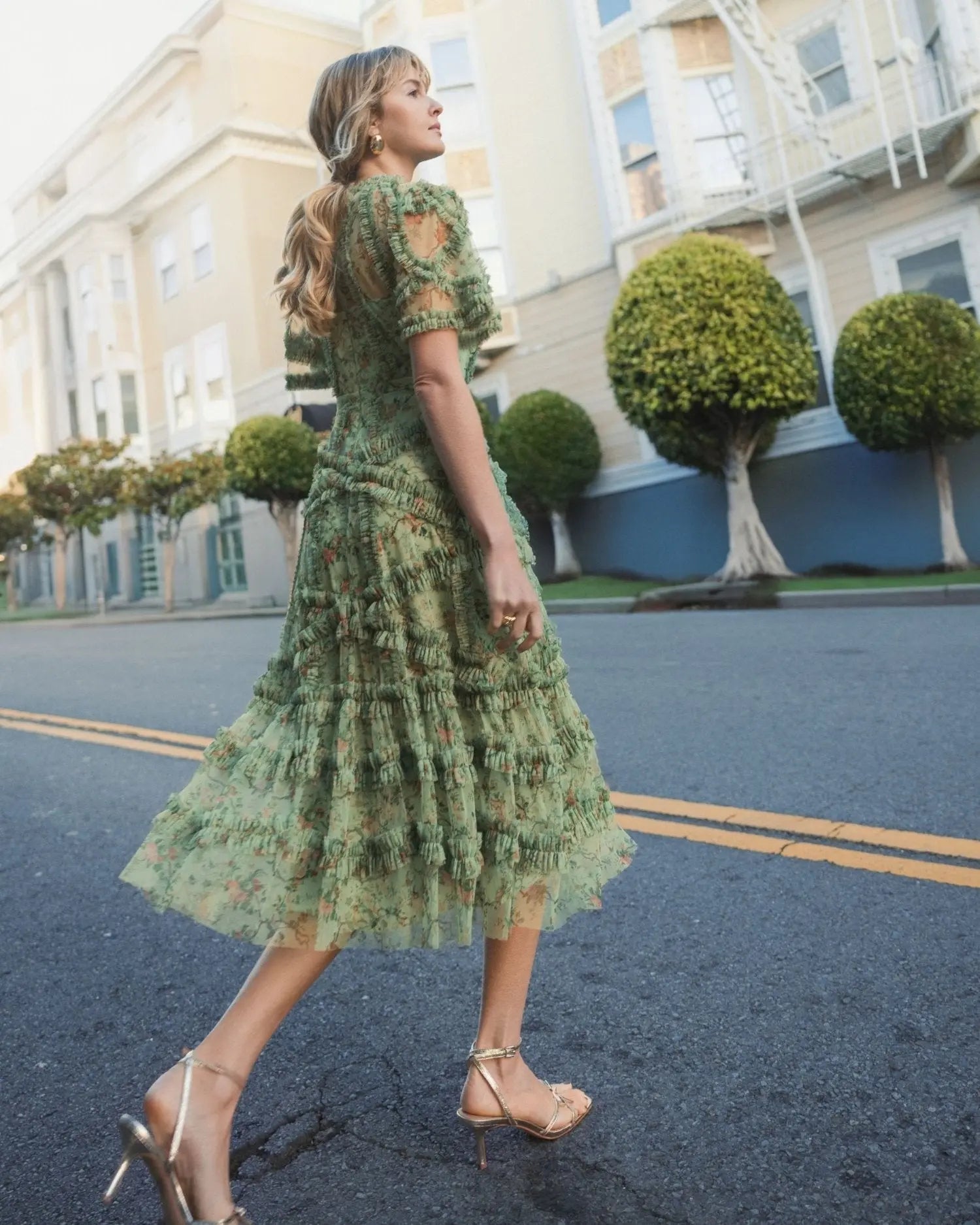 Green Illusion Floral Midi Dress with Ruffle Detailing